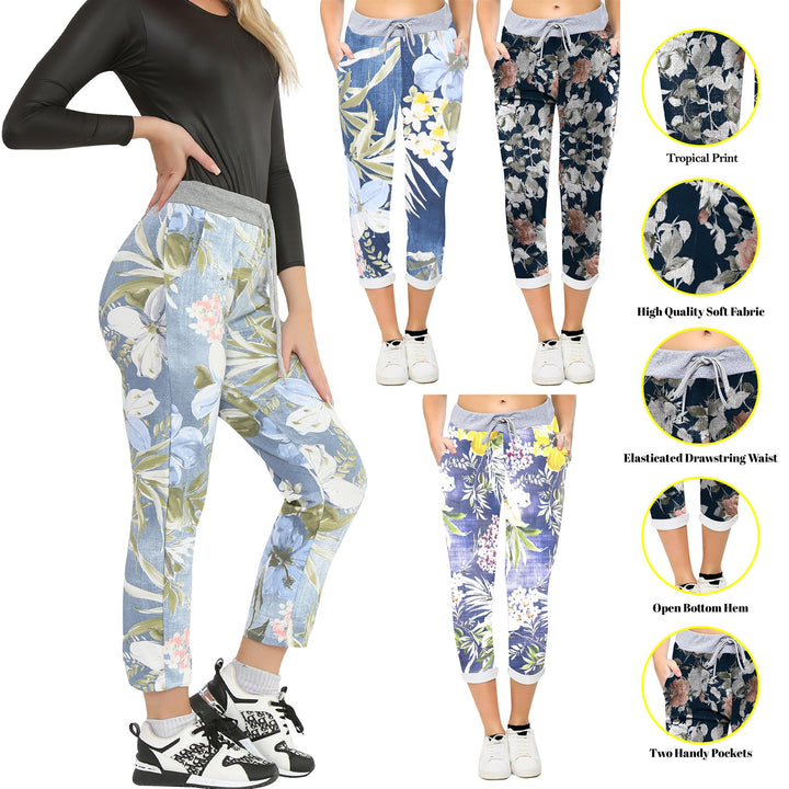 Cotton Tropical Floral Print Drawstring Trousers