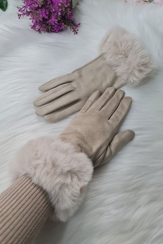 Plain Faux Fur Hem Soft Feel Gloves