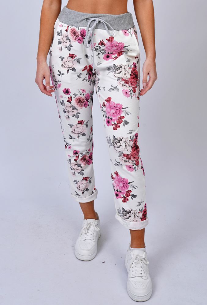 Flower Print Pockets Cotton Trousers