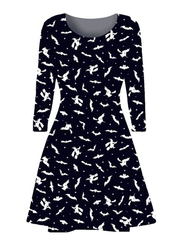 Witch And Bat Print Halloween Dress