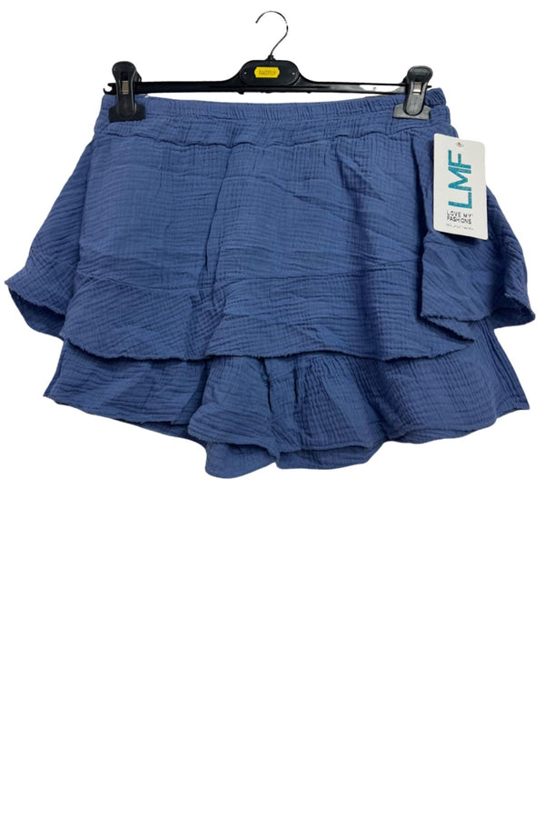 Plain Wide Leg Double Layered Ruffle Cotton Shorts
