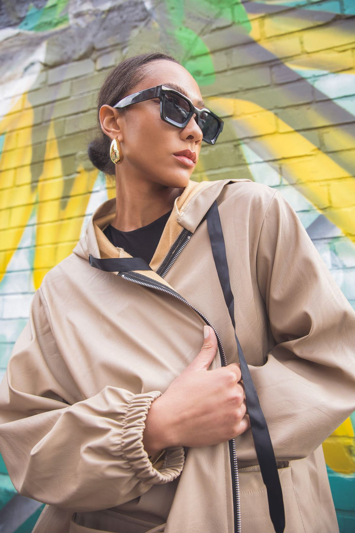 Plain Front Flap Pockets Faux Leather Hooded Jacket
