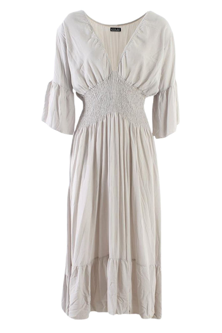 Plain Shirred Waist Flared Sleeves Maxi Dress