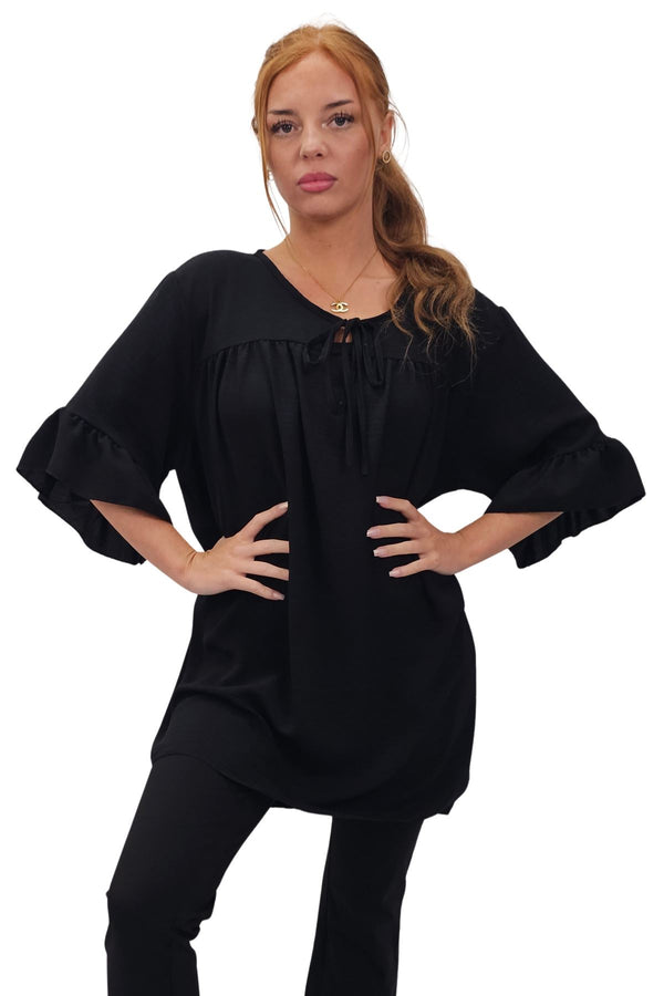 Plain Tie Neck Ruffle Sleeve Top
