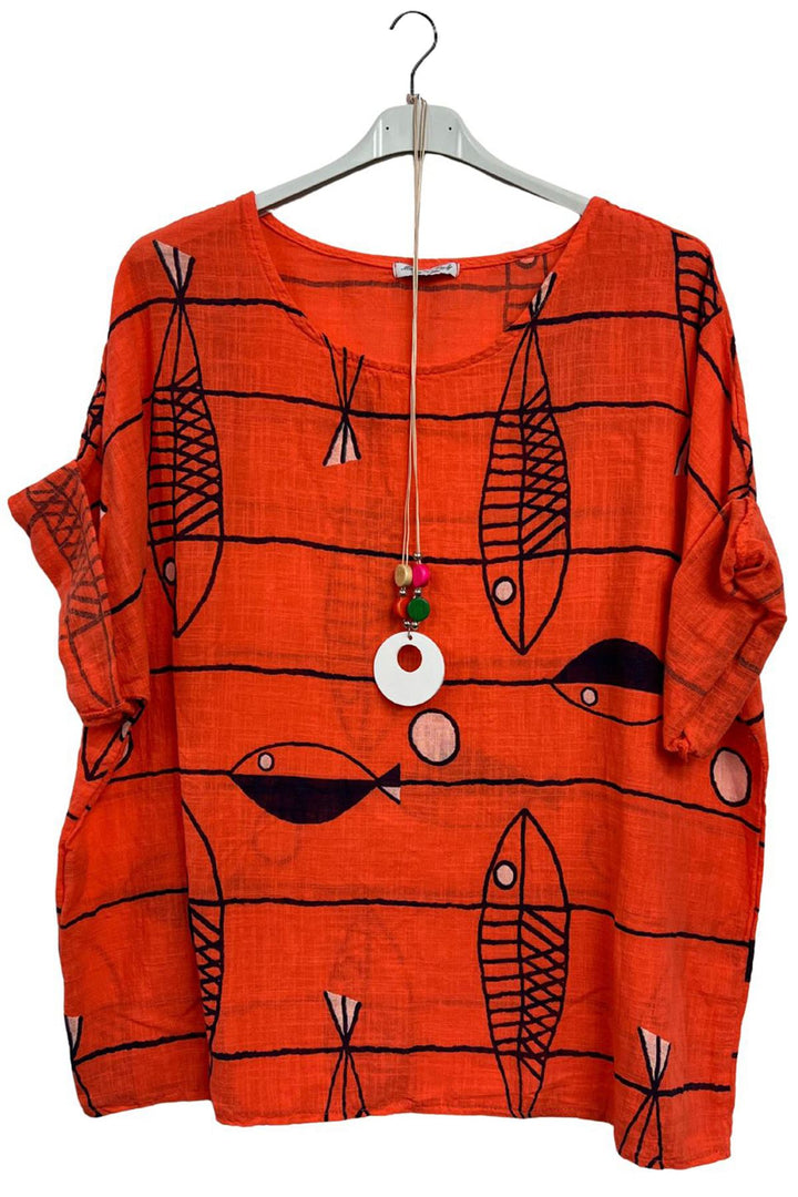 Abstract Fish Print Cotton Tunic Top