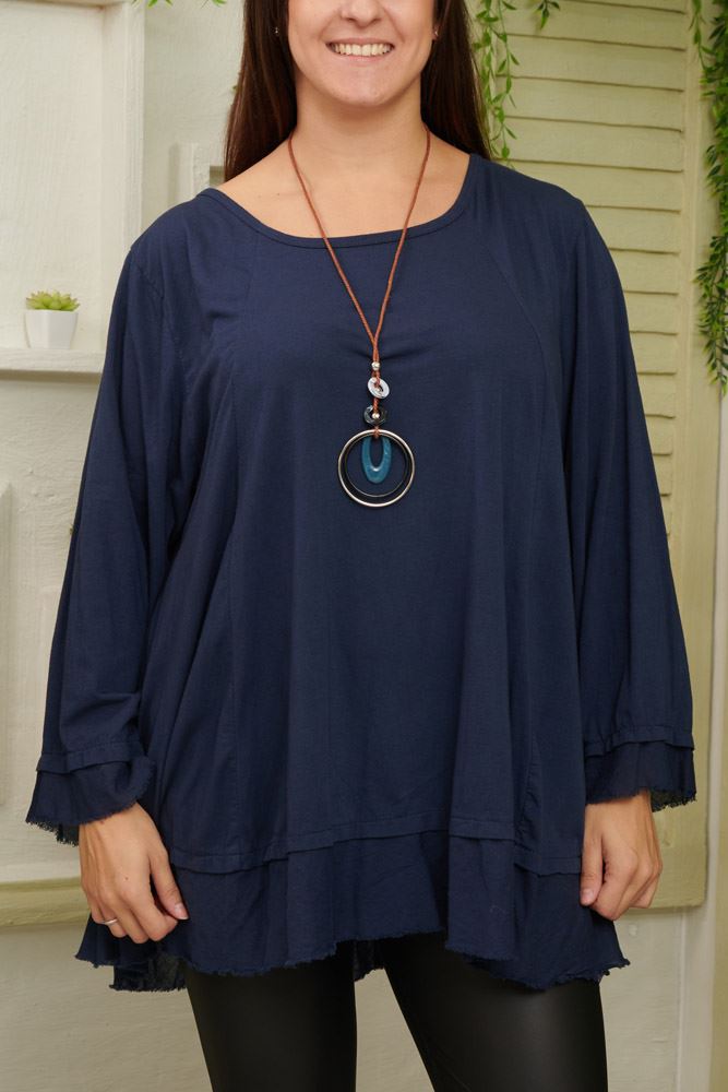 Plain Layered Hem Necklce Cotton Top