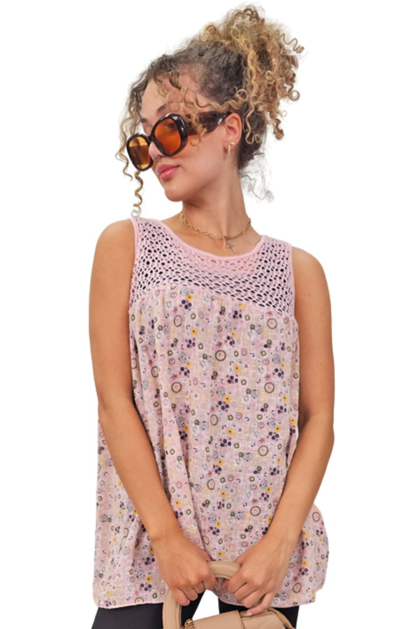 Floral Medallion print Open Crochet Detailing Cotton Top