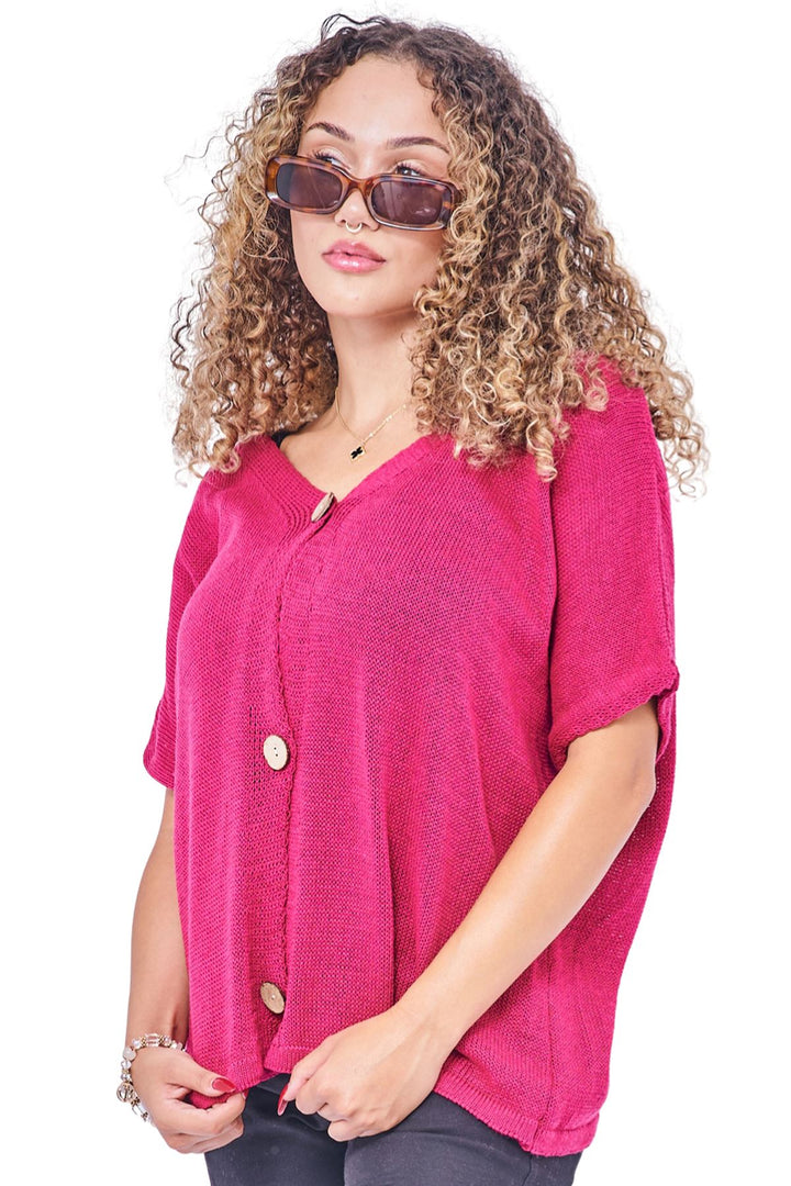 Plain Three-Button Closure Knit Cotton Top