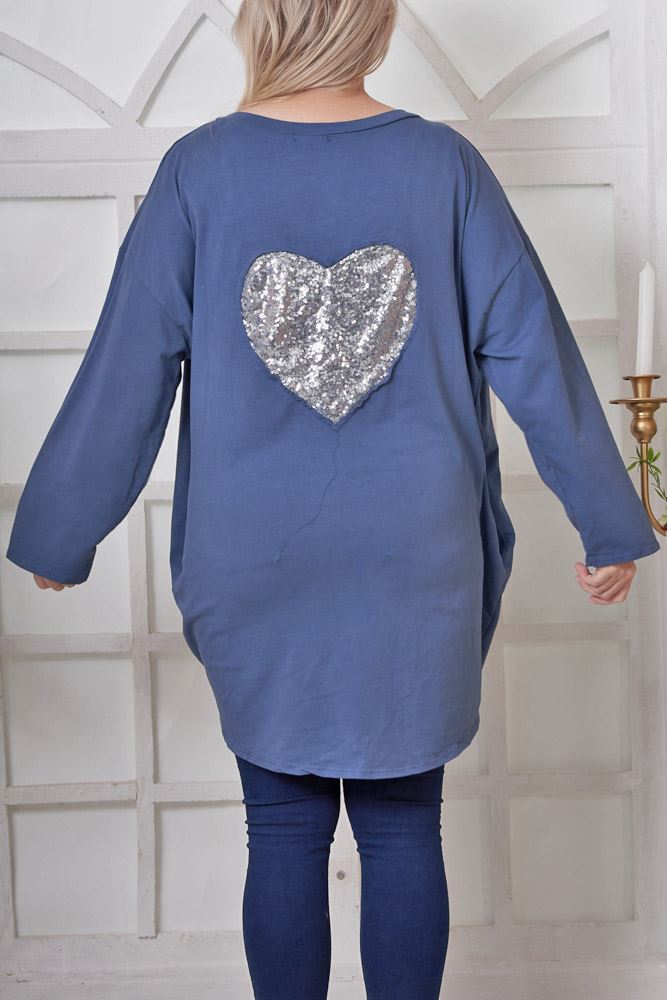Plain Back Sequin Heart Motif Cotton Top