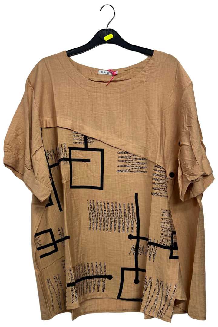 Abstract Block Print Side Button Detail Cotton Top
