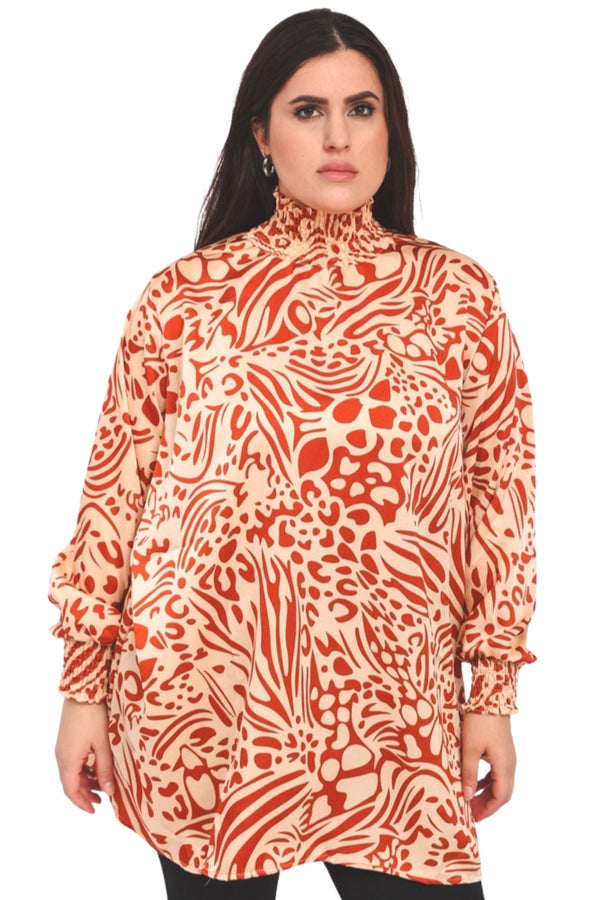 Leopard Print Oversized Shirred High Neck Top