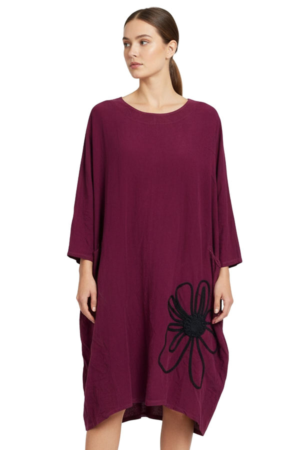 Floral Embroidered Pattern Front Two Pockets Cotton Dress