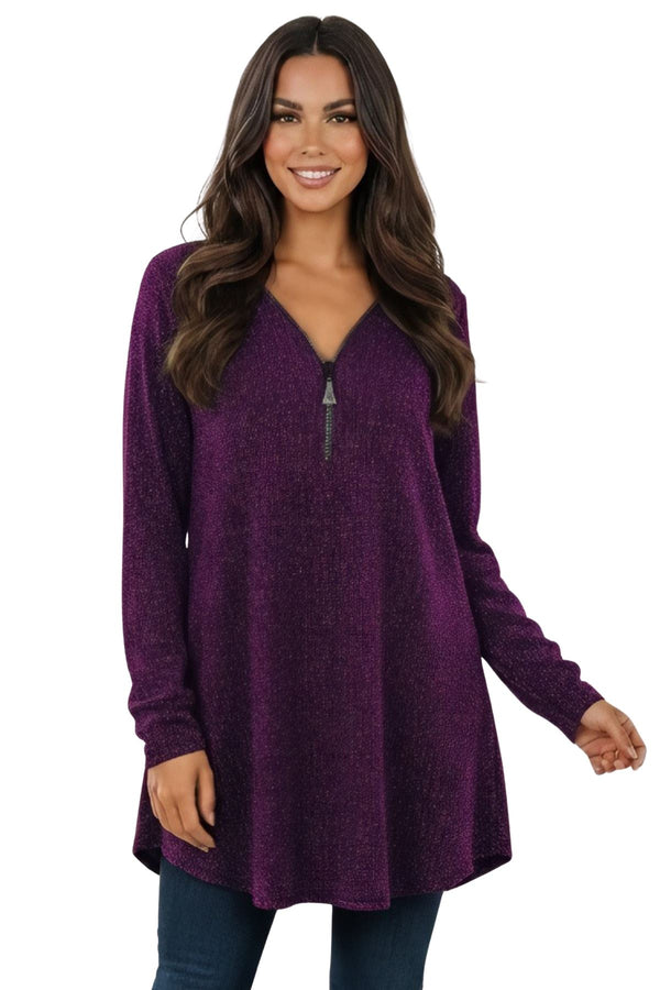 Metallic Knit Textured Round Hemline Top