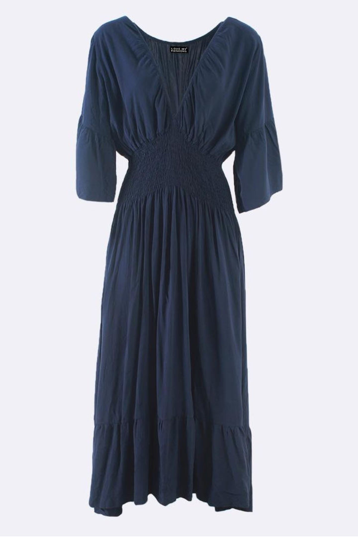 Plain Shirred Waist Flared Sleeves Maxi Dress
