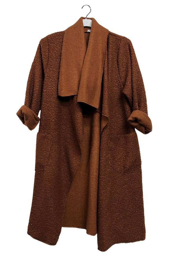 Plain Draped Coller Front Two Pockets Cotton Coat