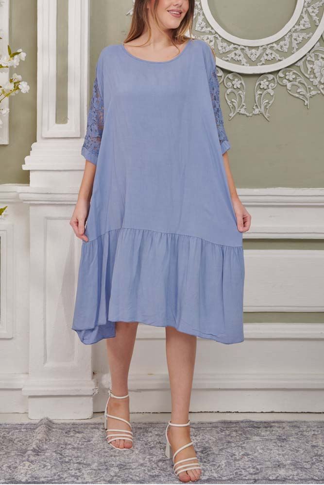 Plain Lace Sleeve Viscose Dress