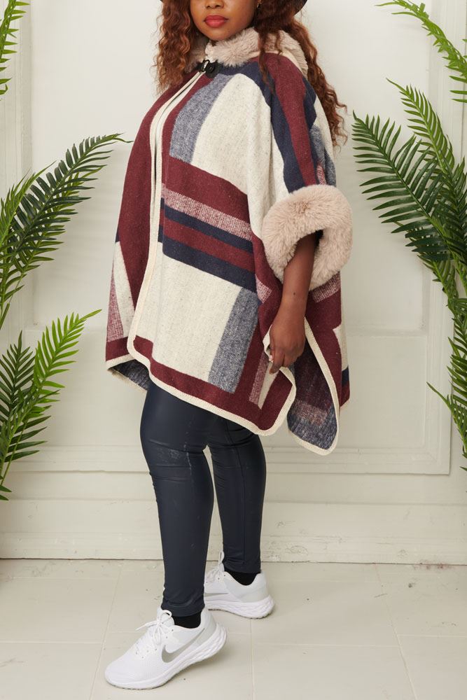 Abstract Plaid Pattern Knit Poncho