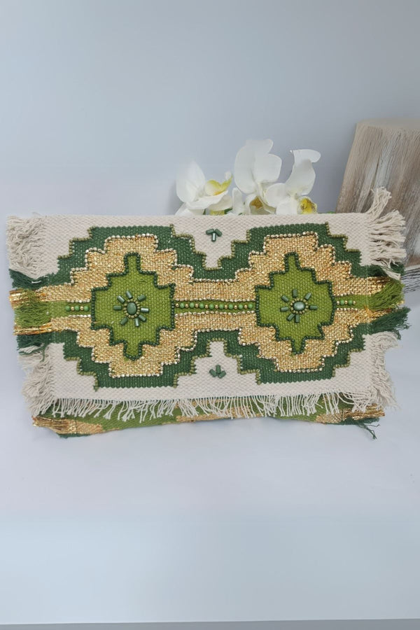 Embroidered Beaded Fringe Detail Clutch Bag