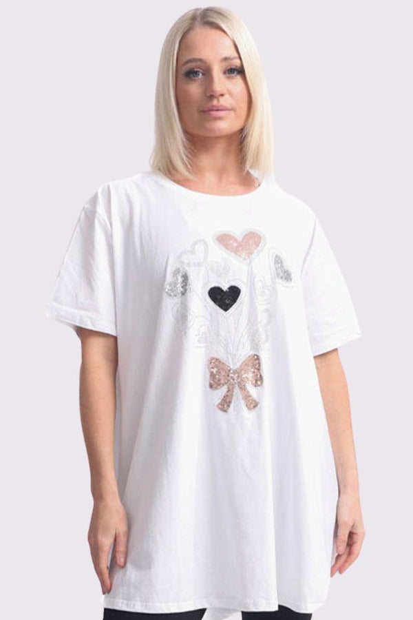Sequin Bow Heart Pattern Cotton Top
