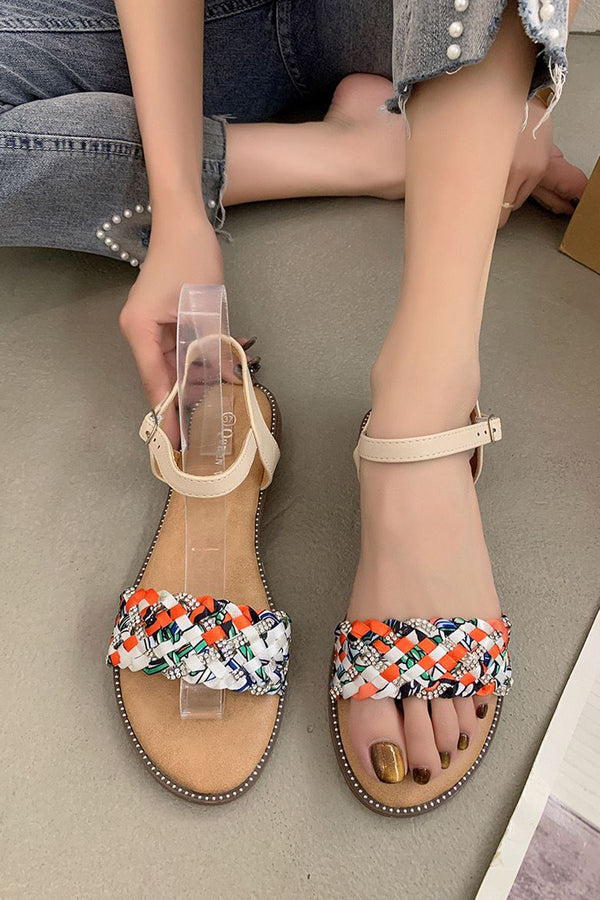 Multicolor Braided Ankle Buckle Strap Flat Sandal