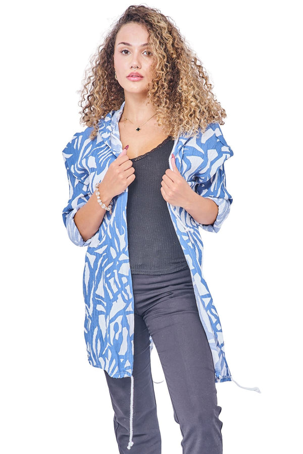 Bold Abstract leaf Print Drawstring Tie Front Cardigan