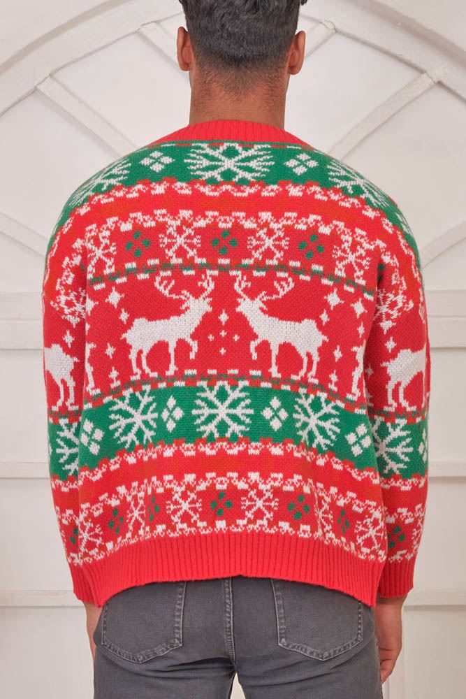 Snowflake Reindeer Pattern Xmas Knitted Jumper