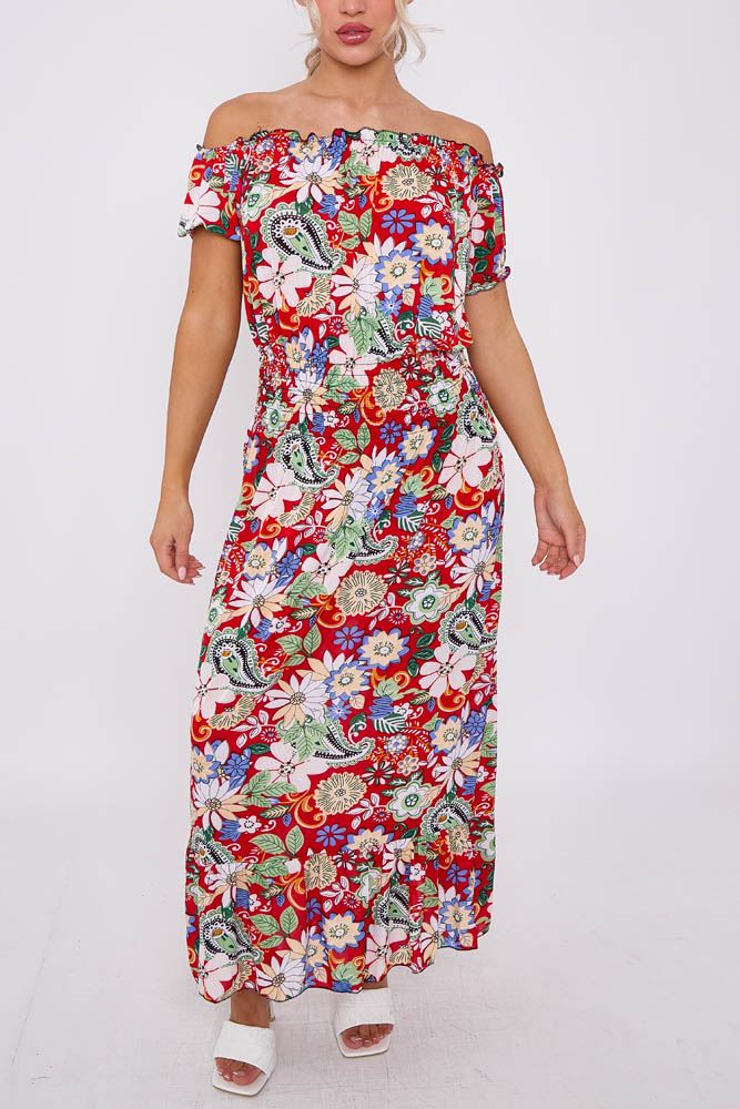 Paisley Floral Print Shirred Waist Tiered Hem Dress