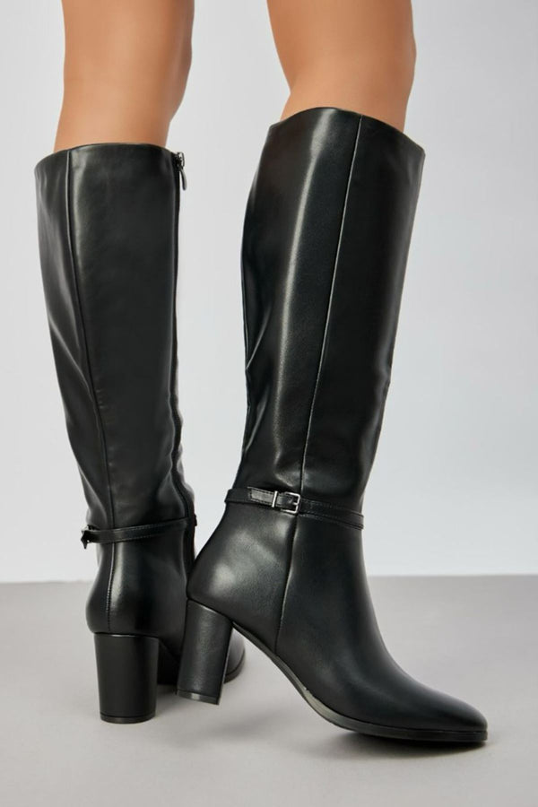 Buckle Detail Zip Up Knee High Heeled Shoes
