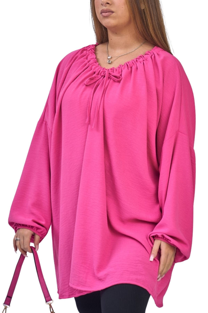 Plain Oversized Drawstring Neckline Top