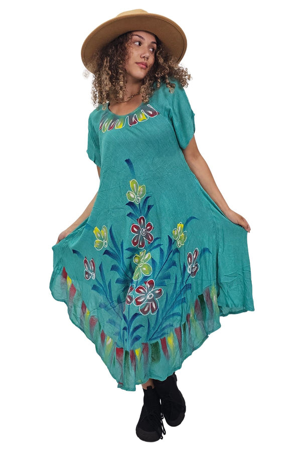 Floral Pattern Rainbow Strokes Asymmetrical Hemline Dress