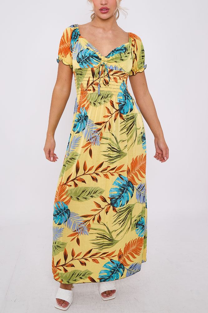 Tropical Leaves Print Drawstring Shirred Waist Dress