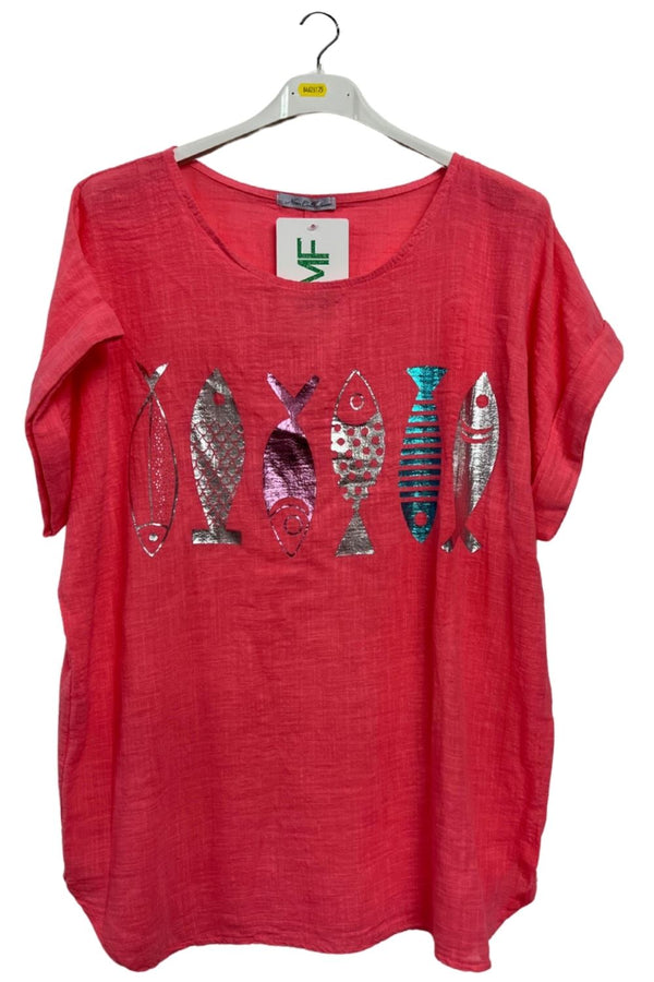 Shiny Metallic Fish Motifs Tunic Cotton Top