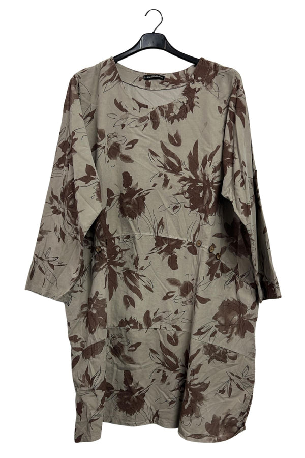 Floral Print Curved Hemline Side Slit Cotton Dress