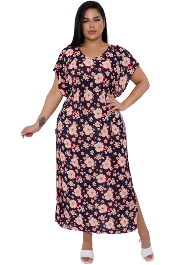 Hibiscus Flower Print Side Slit Kaftan Dress