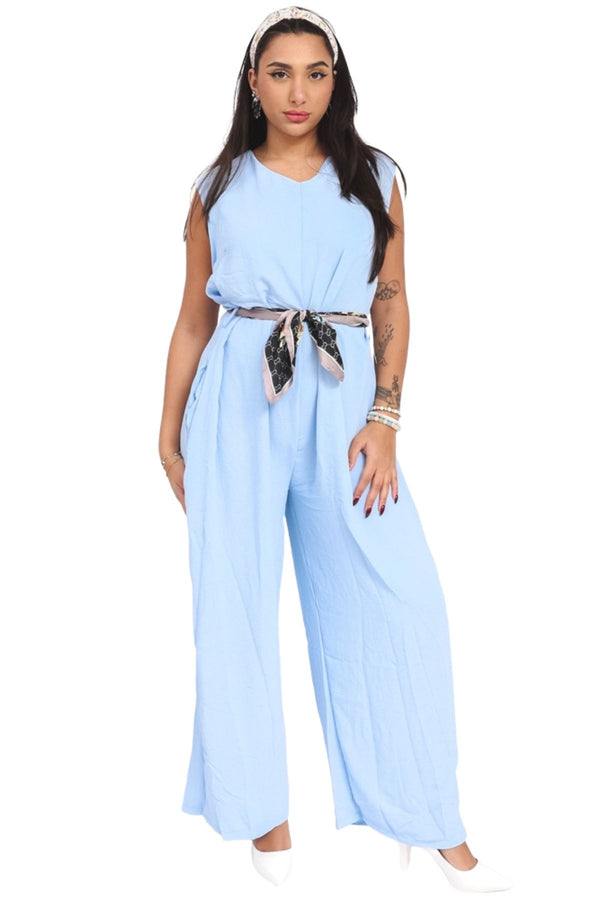 Plain Belted Pockets Wide Leg Jumpsuit