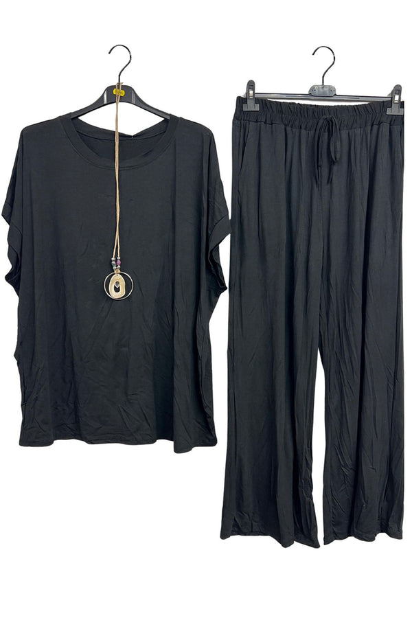 Plain Drawstring Waistband Wide Leg Co-Ord Set