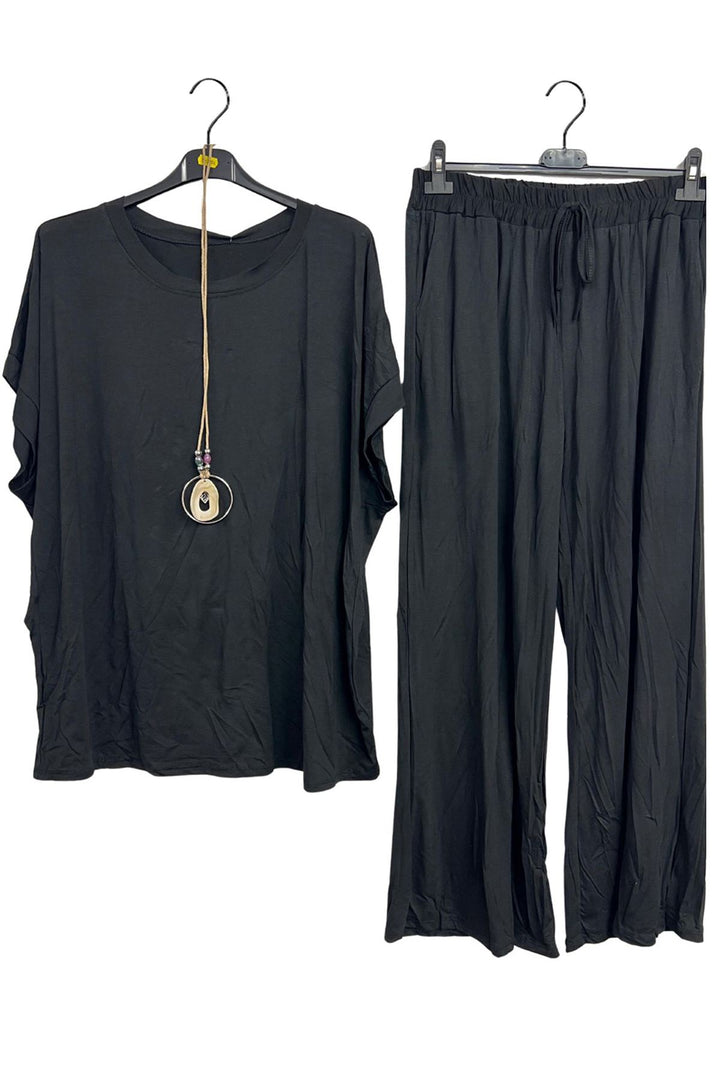 Plain Drawstring Waistband Wide Leg Co-Ord Set