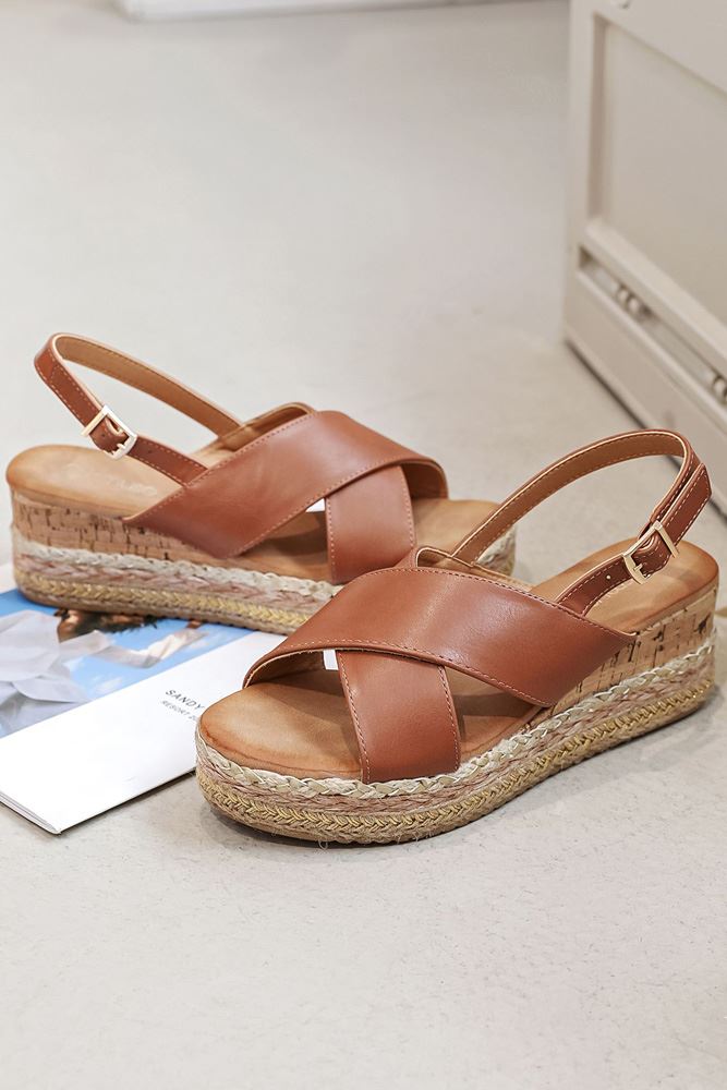 Leather Crossover Strap Lace Wedge Heel Sandal