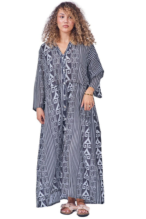 Geometric Stripe Pattern Front Button Detail Cotton Dress