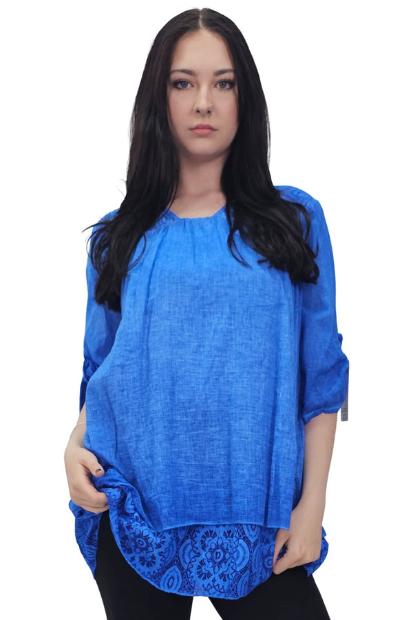 Floral Pattern Lace Detailing Layered Hem Cotton Top
