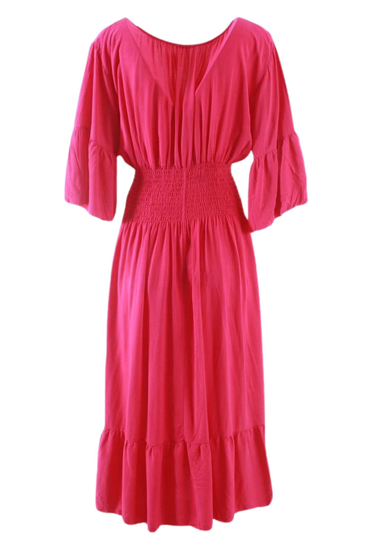 Plain Shirred Waist Flared Sleeves Maxi Dress