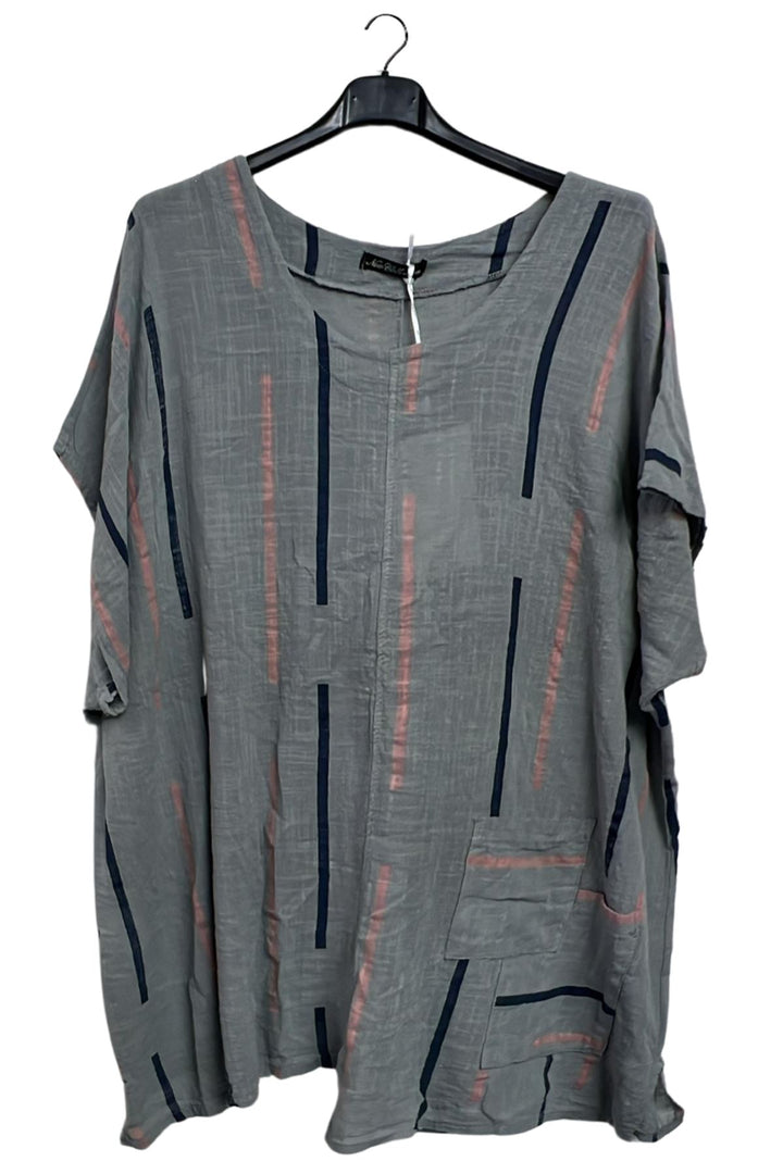 Vertical Diagonal Print Asymmetric Hem Front Patch Pocket Cotton Top
