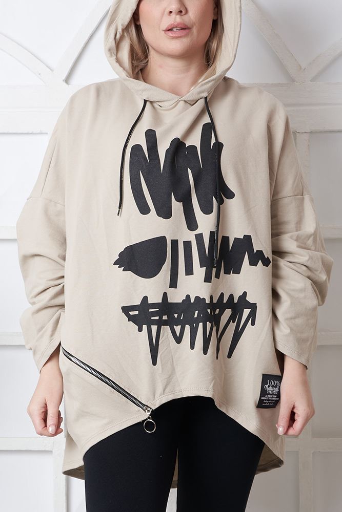 Brush Stroke Print Side Zip Drawstring Cotton Hoody