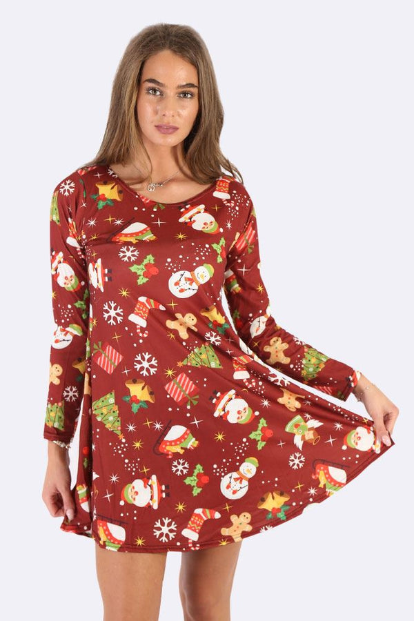 Snowman Tree Gift Print Xmas Swing Dress