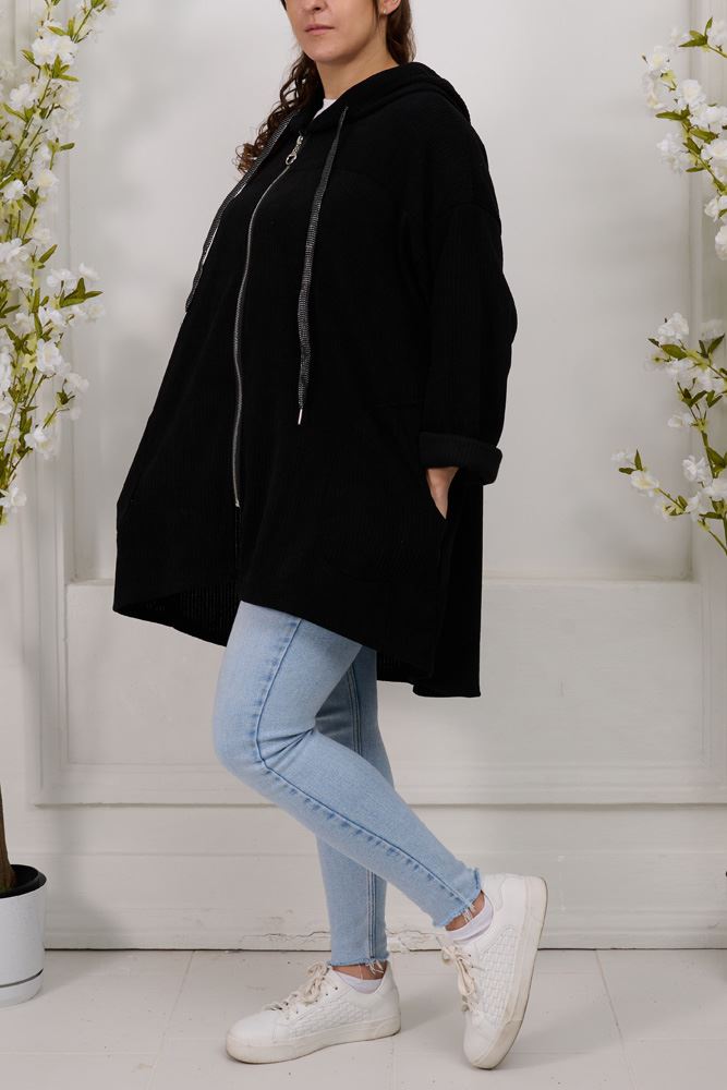 Plain Zip Up Drawstring Corduroy Hoody