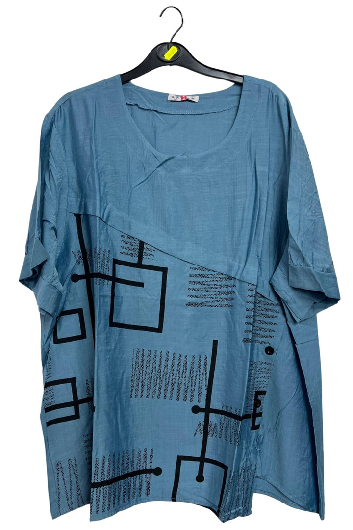 Abstract Block Print Side Button Detail Cotton Top