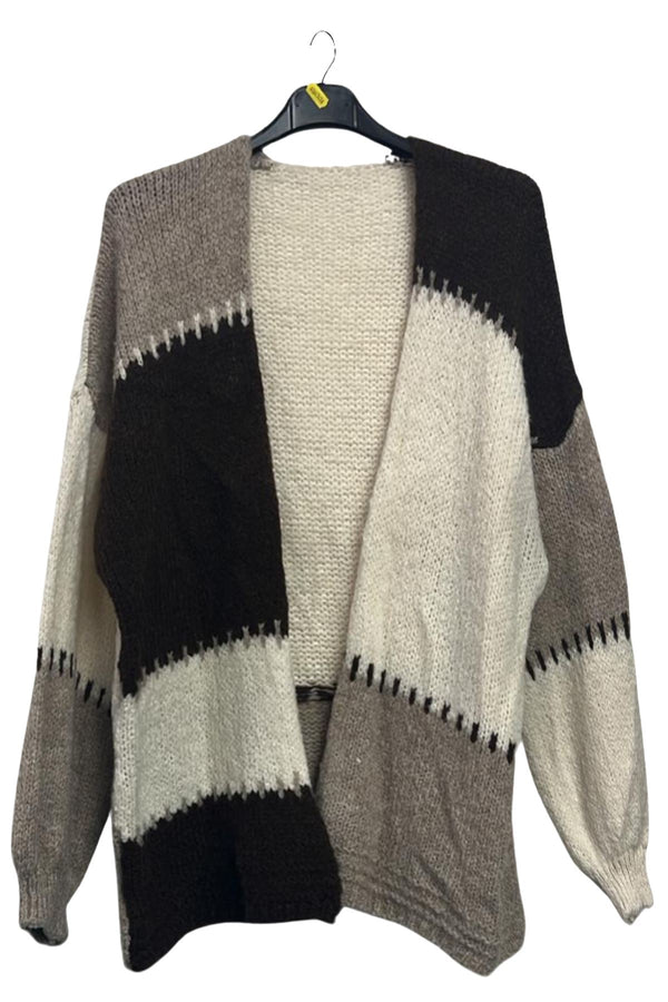 Colour Block Pattern Open Front Knitted Cardigan