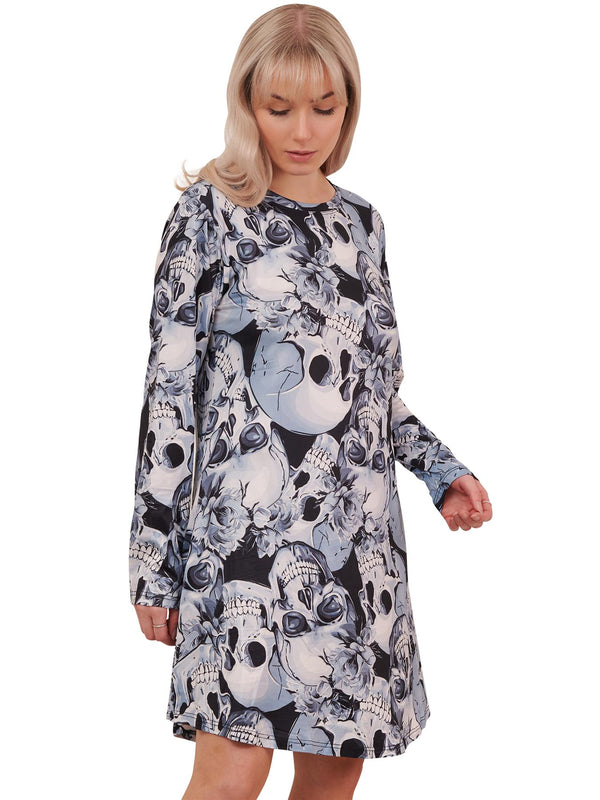 Skull Grey Print Halloween Dress