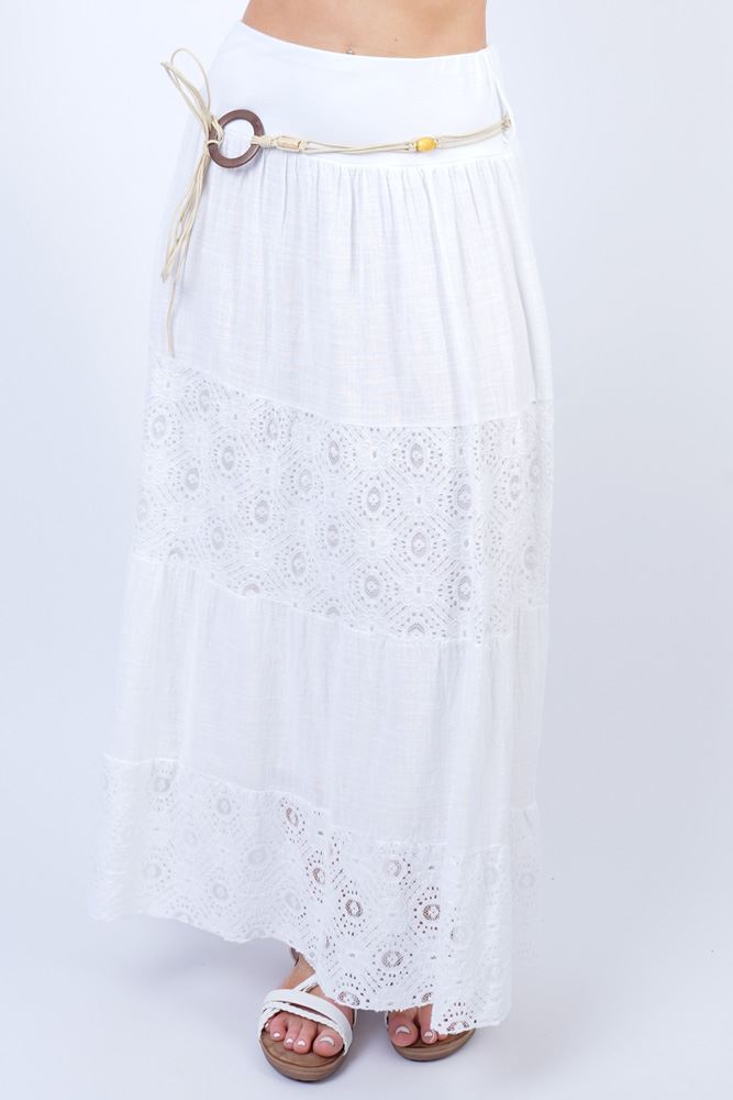 Floral Lace Pattern Drawstring Belt Cotton Skirt