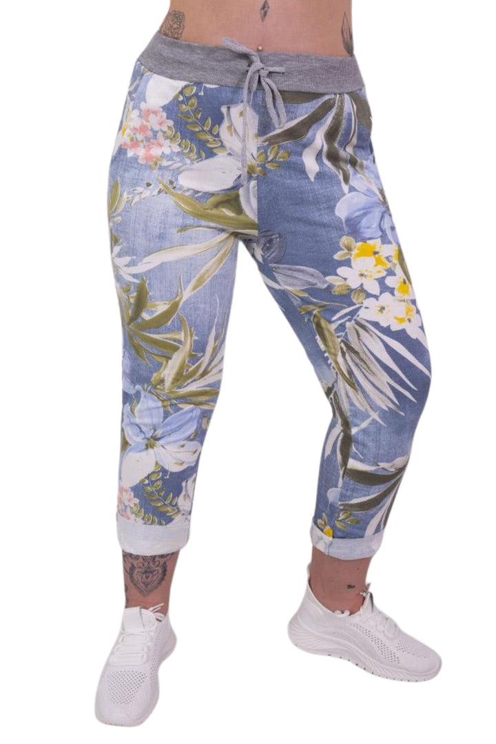 Cotton Tropical Floral Print Drawstring Trousers